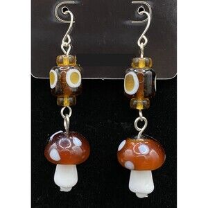Handmade Mushroom Brown & White Amber Color Glass Bead Earrings by Neanie-Bot
